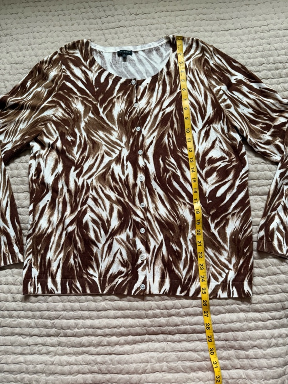 Talbots Button Charming Cardigan Feathered Waves Print Brown Cream Size XL - Picture 5 of 7
